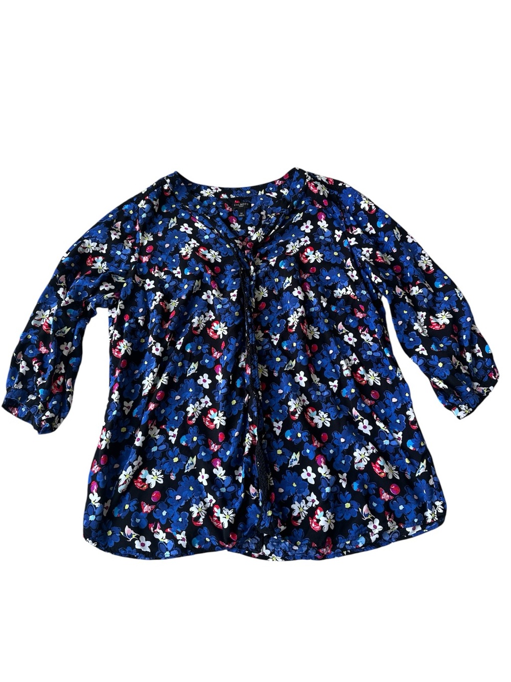 Talbots 1X Blue Black Floral Pullover Blouse Lightweight Casual Plus Size